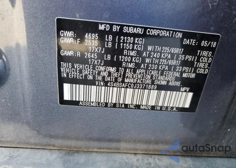 2018 Subaru Outback 2.5I Premium из США, поврежденный, VIN 4S4BSAFC0J3371889